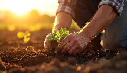 Gardener carefully plants a seedling in soil bathed by golden sunlight