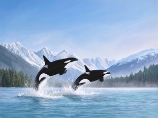 Orcas jumping in scenic waters