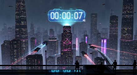 Observing Futuristic City Skyline with Flying Vehicles and Glowing Counter