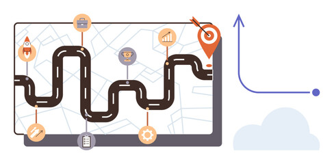Winding road with milestone icons on a tablet, leading to a goal pin. Ideal for success planning, business strategy, project management, progress tracking, career pathing, goal achievement, simple
