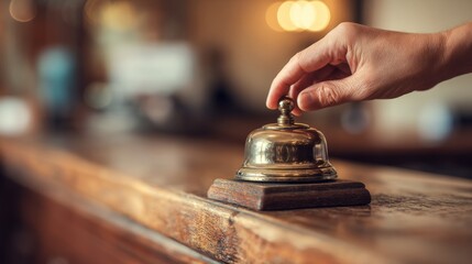 Guest checking in at a hotel with a classic brass service bell on wooden counter in a warm and inviting reception area, highlighting hospitality services