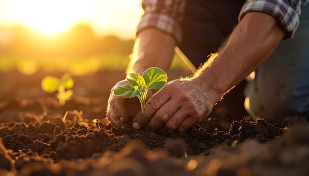Gardener carefully plants a seedling in soil bathed by golden sunlight
