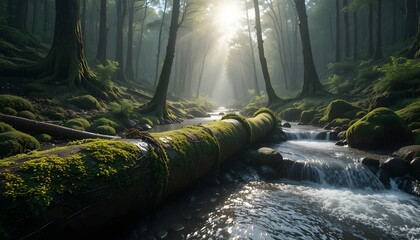 Sunlit Forest Stream with Mossy Trees and Flowing Water