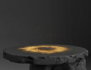 Stone pedestal with gold glitter dust and ambient particles, natural texture display, awards stage