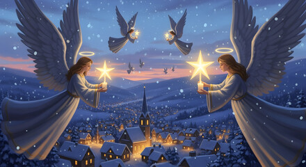 Angels Over Snowy Village Holding Stars at Dusk Peaceful Scene