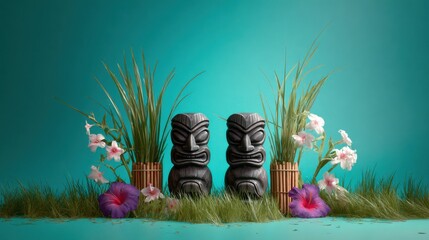 Tropical tiki decor with hibiscus and grass on teal background