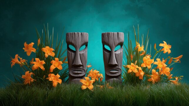 Two tiki masks with daylilies and grass on a teal background