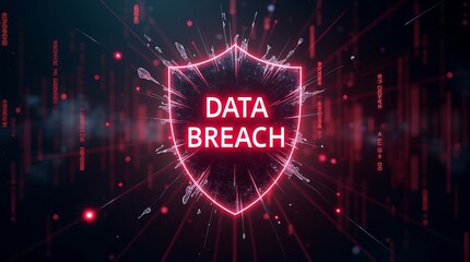 A striking visual representation of a data breach, featuring a glowing shield and the text 'DATA BREACH' in bold red.