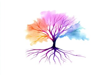 Colorful watercolor tree with vibrant roots and branches