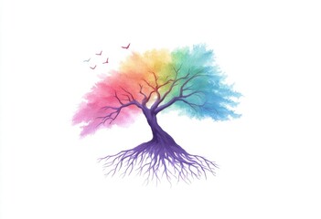 Rainbow tree with flying birds
