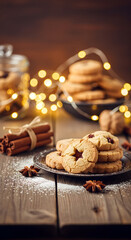 Festive Cookies with Cinnamon Sticks on Rustic Wooden Table