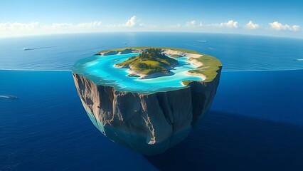 A cutaway Earth core reveals an azure ocean with floating islands, defying natural laws.