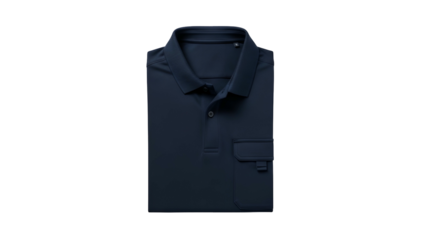 Folded dark blue performance garment displayed against a black background