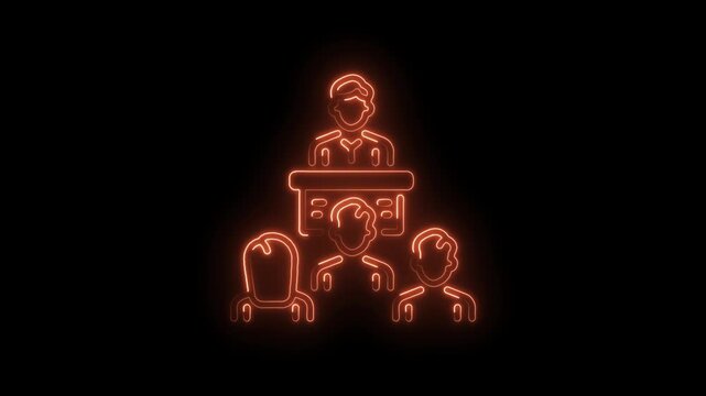 Orange neon line art representation of a public speaker with an audience on black background