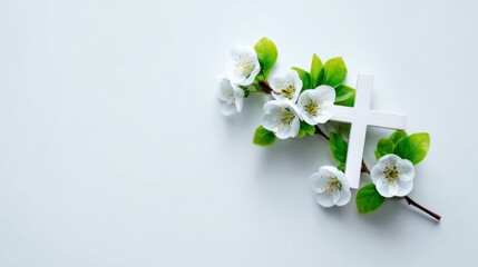 White cross with spring blossoms on light background