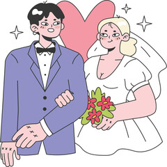Couple Celebrating Wedding Day Together With A Heart Shape In The Background And Holding A Flower Bouquet On A Transparent Background