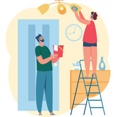 Couple Cleaning Ceiling Light Fixture Indoors With Ladder Bucket And Cleaning Supplies In A Bright Room With Blue Door And Clock On Wall