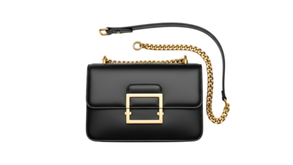 Elegant black leather shoulder bag with a prominent gold-toned rectangular clasp features prominently against a stark black background
