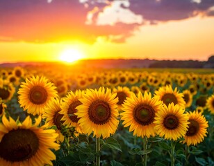 Field of yellow sunflowers glowing in the late afternoon sun