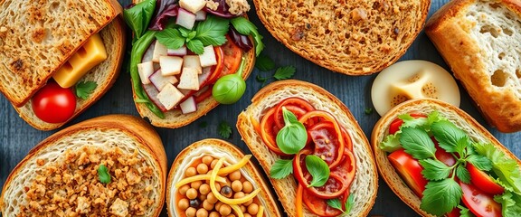Assorted gourmet sandwiches, artisan breads, fillings visible, flat lay,  tasty,   photo