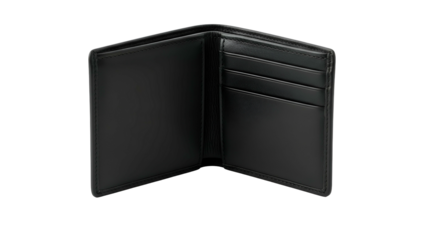 Open black leather bifold accessory displays card slots against a dark background