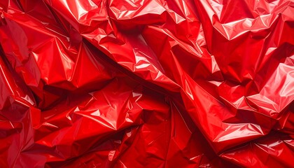 Close-up view of a crumpled, glossy, bright red material