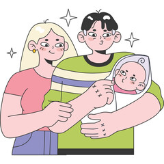 Couple Holding Newborn Baby With Sparkles And Stars In A Tender Moment Of Parental Love And Joy In A Stylized Flat Illustration With Transparent Background