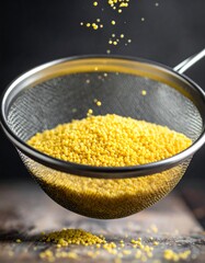 Golden grains falling through a metal sieve onto a wooden surface