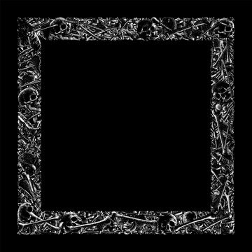 A dark and detailed square frame made entirely of human bones and skulls, rendered in high-contrast black and white. The macabre design evokes gothic, horror, and death symbolism.