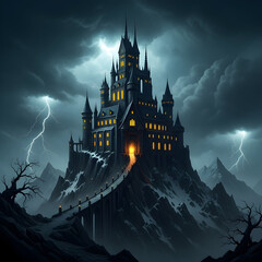 Castle on Mountain Peak with Stormy Sky and Lightning