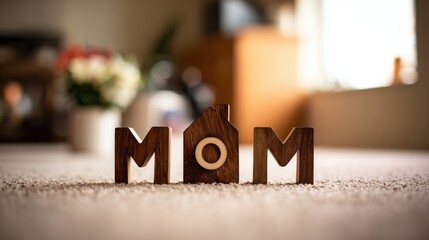 Mom wooden letters with house, warm home concept