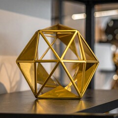 Golden geometric sculptural art piece on a dark surface