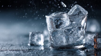 Refreshing drink with ice cubes splashing in glass and droplets flying, creating a sense of coolness and summer vibes in a moody atmosphere
