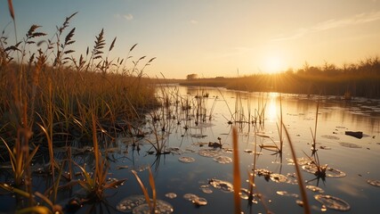 Sunset Over Calm Marshland with Golden Reflections