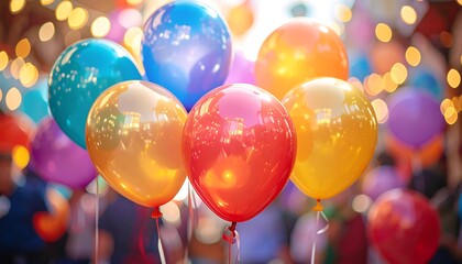 Group of colorful balloons with blurred background and bokeh lights