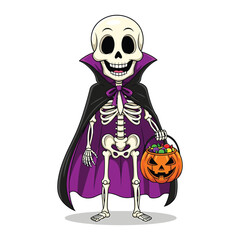 Cute cartoon skeleton holding a jack o lantern candy bucket