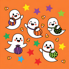 Cartoon Ghosts Trick-or-treating with Candy and Stars on Orange Background