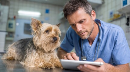 Veterinarian Conducting Examination with Yorkshire Terrier Using Digital Tablet in Modern Clinic Environment