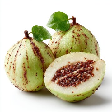Freshly Harvested Half Cut Tejocote Fruits with Leaves on White Background