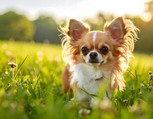 Cute long-haired small dog sitting in grassy field, sunlit background