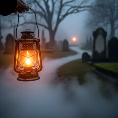 Holding Lantern in Cemetery on Foggy Night Spooky Scene