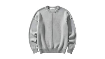 Minimalist light gray knitwear pullover is displayed against a dark background