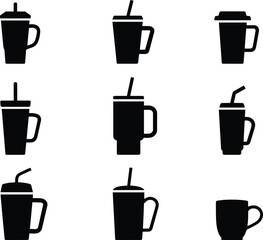 Silhouette collection of various cup and mug designs, isolated black drinkware icons with straws, lids, handles, modern beverage container set