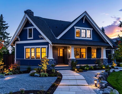 Illuminated two-story house with blue siding and inviting walkway