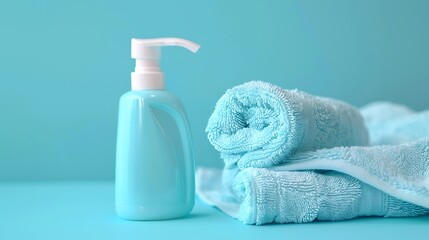 Still life of light blue soap dispenser bottle and rolled towels on a matching background