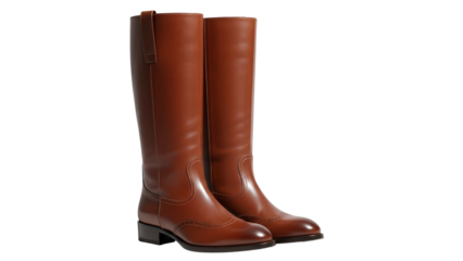 Pair of polished, tall leather riding boots stands against a solid black background