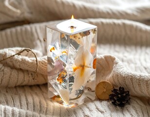 Lit, square candle with embedded flowers sits on a cozy, textured blanket