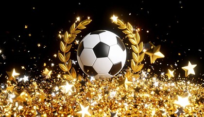 Fototapeta premium Soccer Award Background with Golden Wreath and Glitter サッカーアワード背景 金の月桂冠とボール 勝利と優勝のイメージ