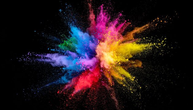 Vibrant Color Powder Explosion on Black Background　黒背景に広がるカラフルな七色のパウダーの爆発
