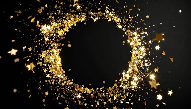 Golden Star Confetti Frame on Black Background for Celebration　黒背景の金色の星と金色の紙吹雪による華やかな円形フレーム